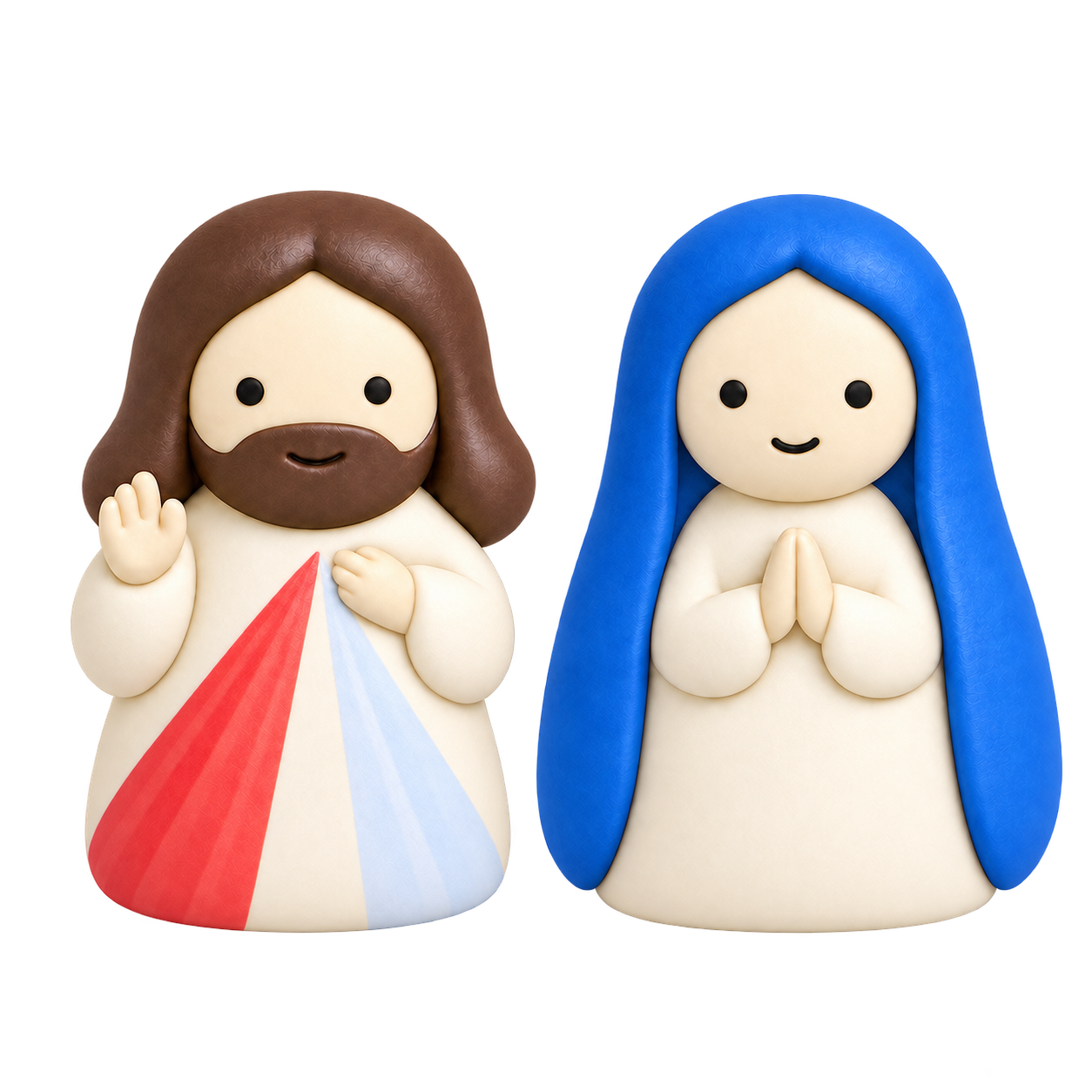 Two rounded mini figures: Divine Mercy Jesus with red and pale rays, and Mary in a blue veil