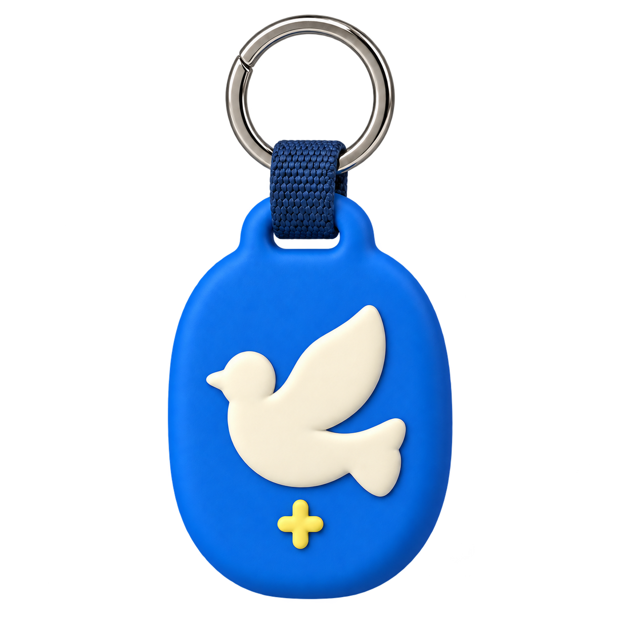 Cobalt blue Peace Dove prayer charm with a cream dove, woven loop and silver key ring