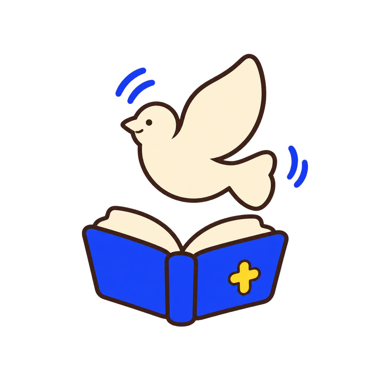 A cream dove flying above an open blue prayer book